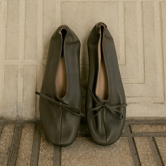Khaki Square-Toe Classic Front Bow Slip-On Ballet Flats