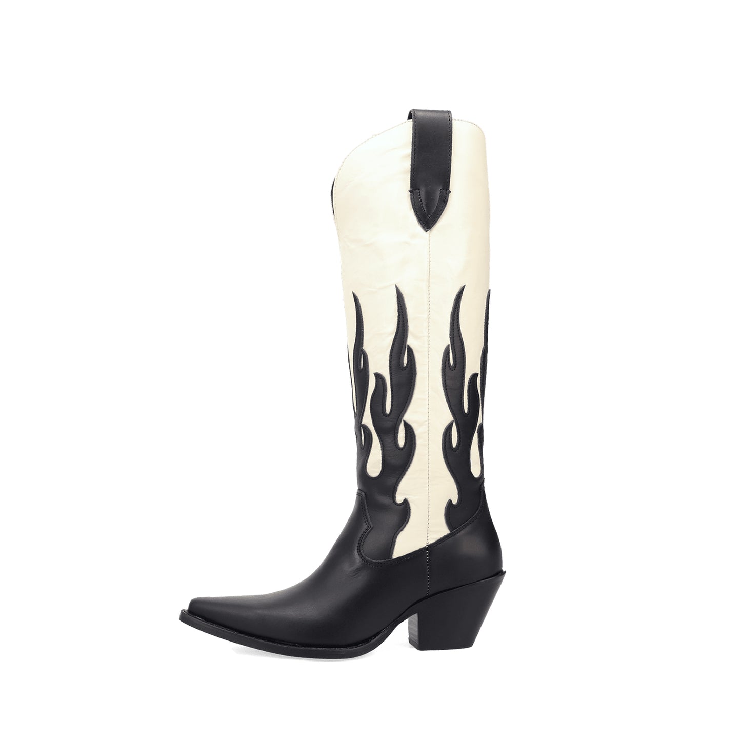 Contrast Black And Ivory Pointed-Toe Flame Appliques Wide Calf Knee High Cowgirl Boots