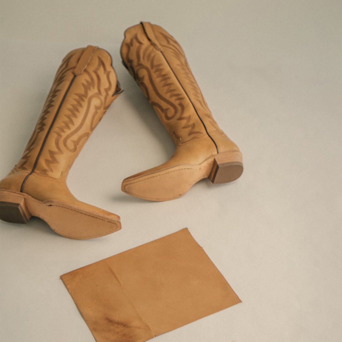 Tan Snip-Toe Grace Embroidery Half-Zip Knee High Cowgirl Boots