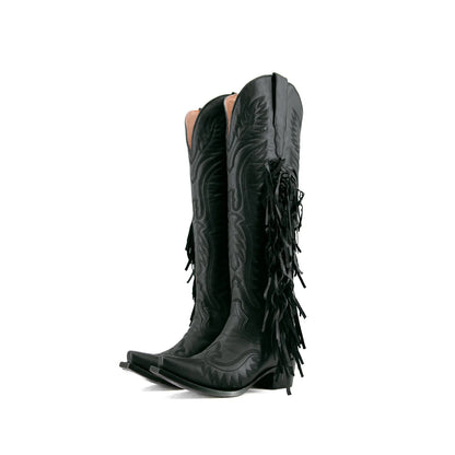 Black Snip-Toe Embroidery Side Fringe Half-Zip Knee High Cowgirl Boots