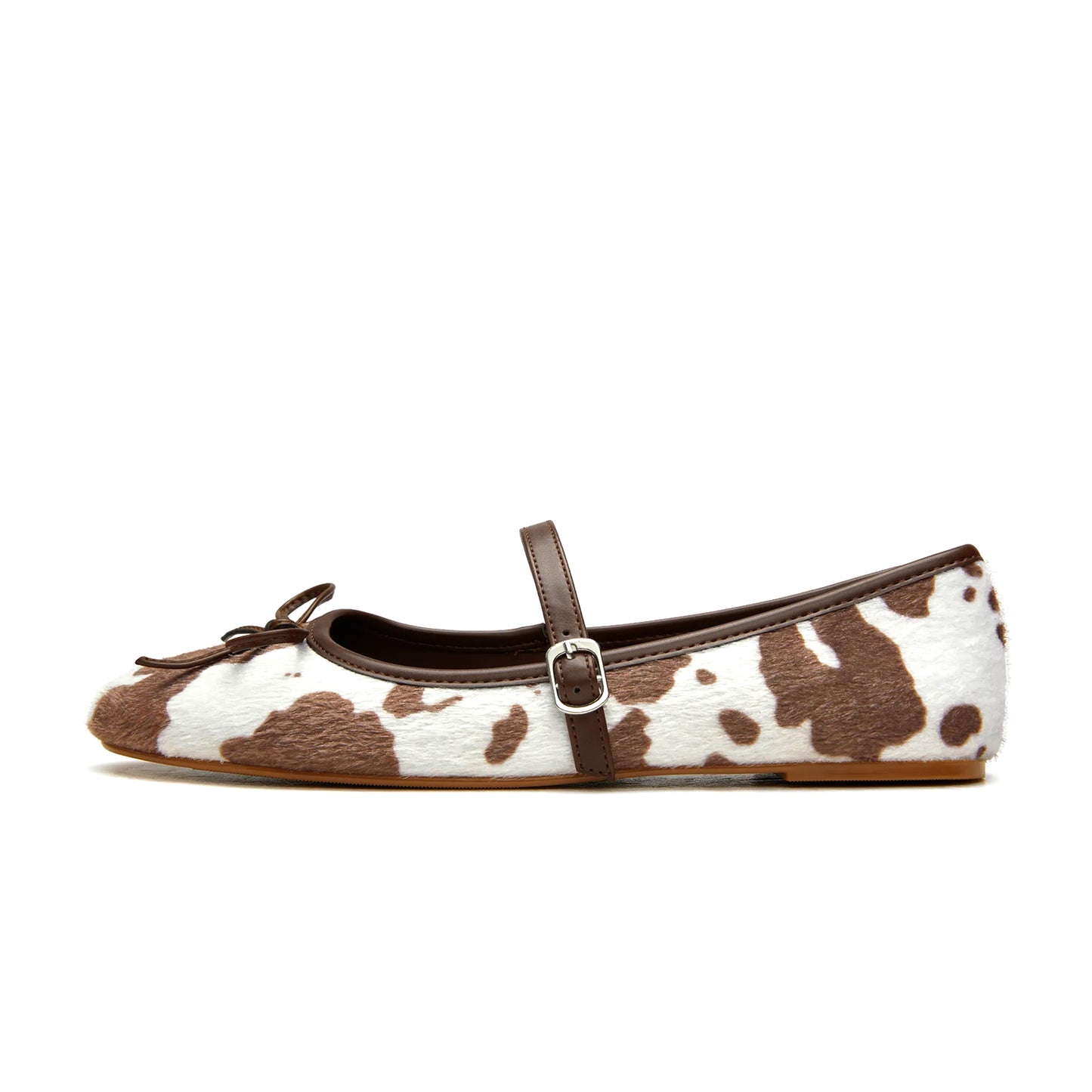 Cow Pattern Pony Hair Round-Toe Front Bow And Mary Jane Ballet Flats