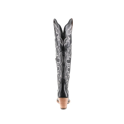 Black Snip-Toe Chic Embroidery Wide Calf Knee High Cowgirl Boots