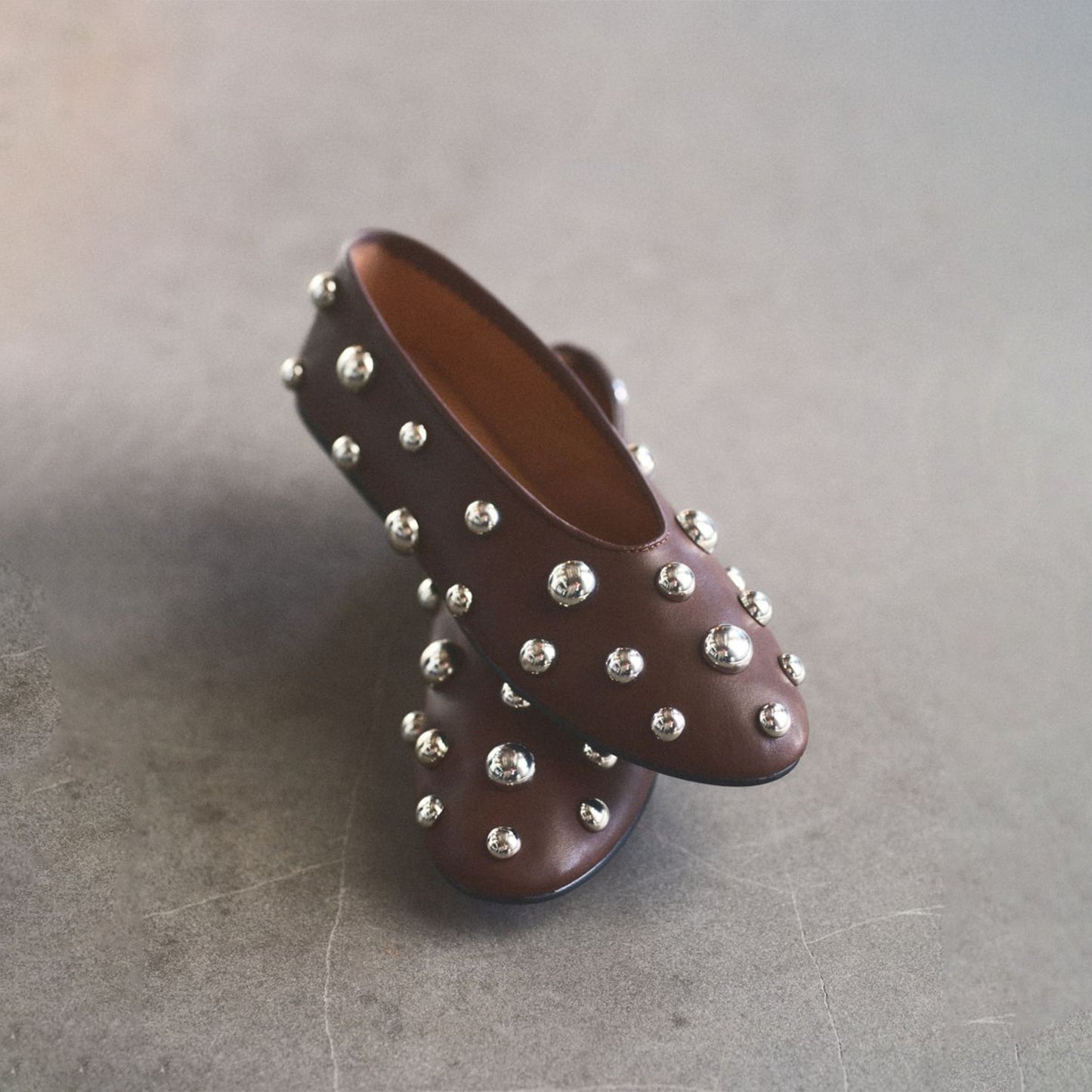 Dark Brown Vegan Leather Round-Toe Studded Slip-On Flats