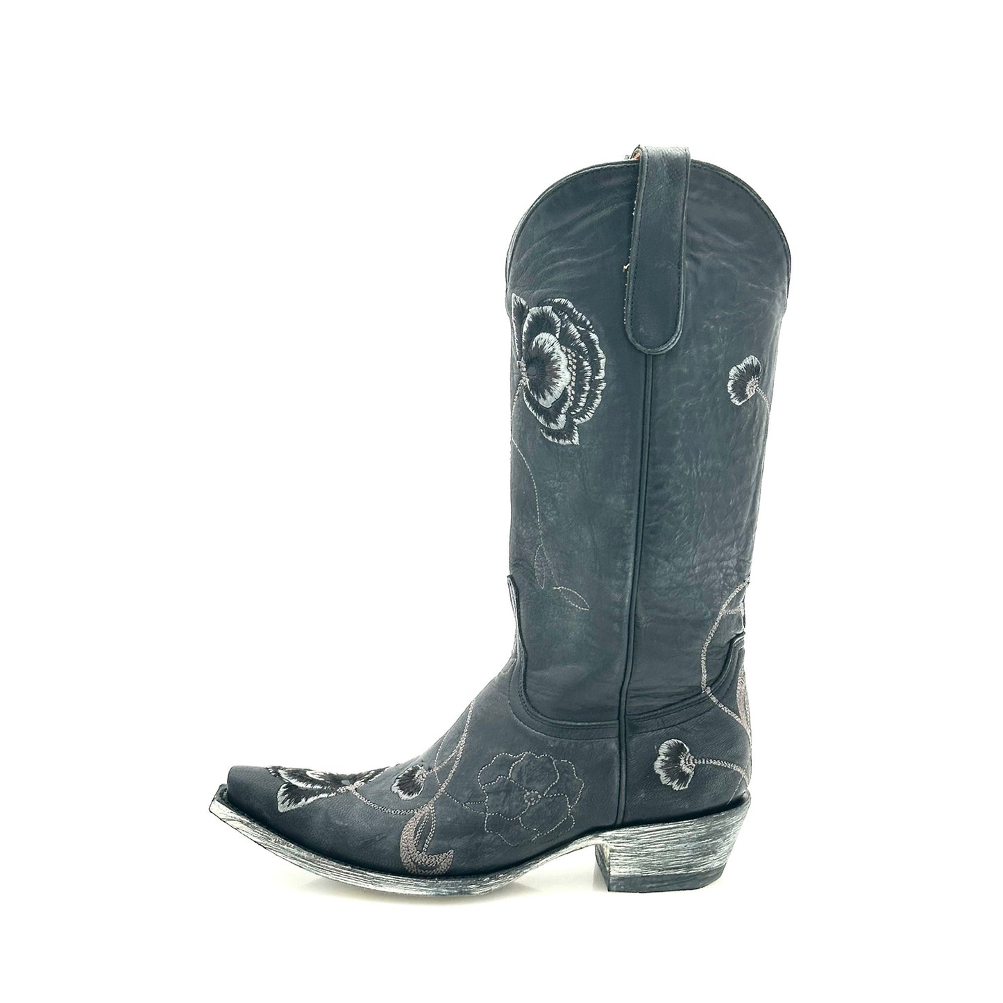 Black Snip-Toe Chic Florals Embroidery Mid Calf Classic Cowgirl Boots