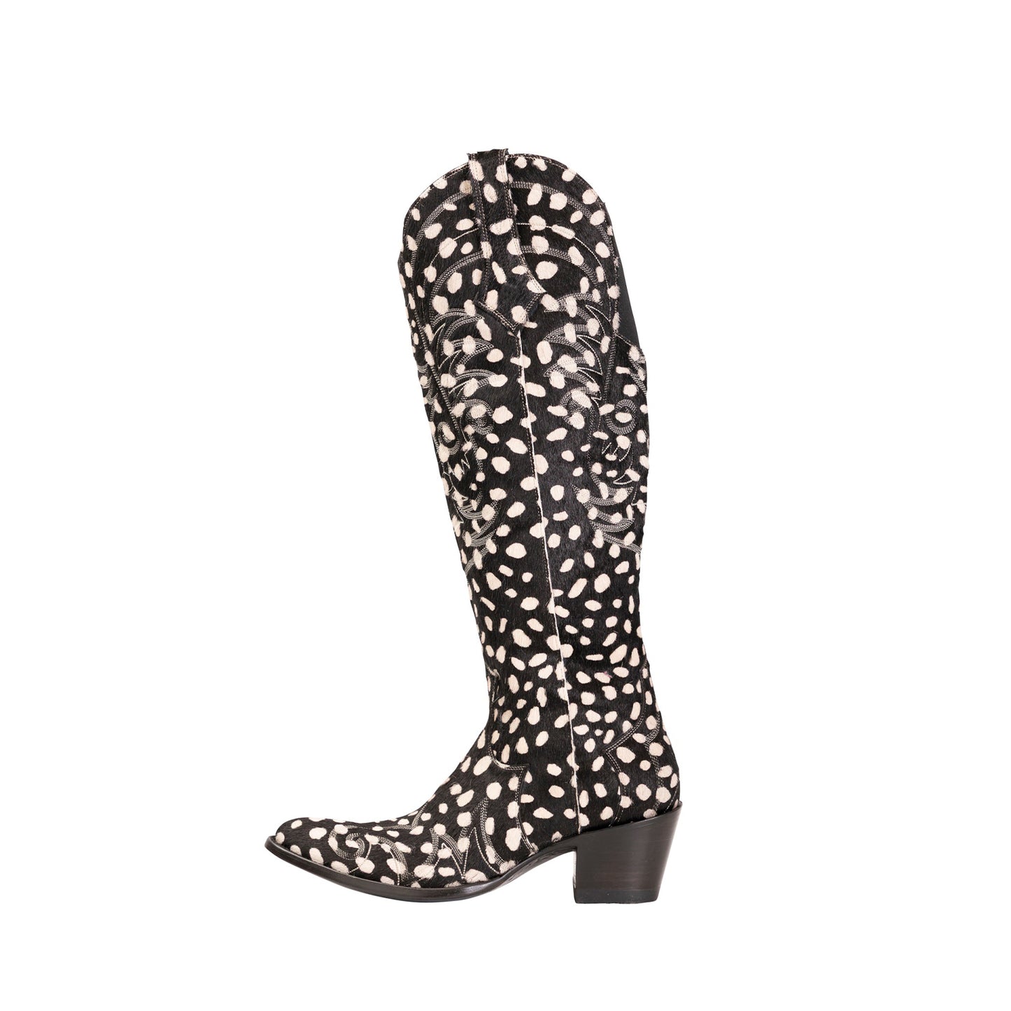 Cow Pattern Almond-Toe Embroidery Half-Zip Knee High Cowgirl Boots