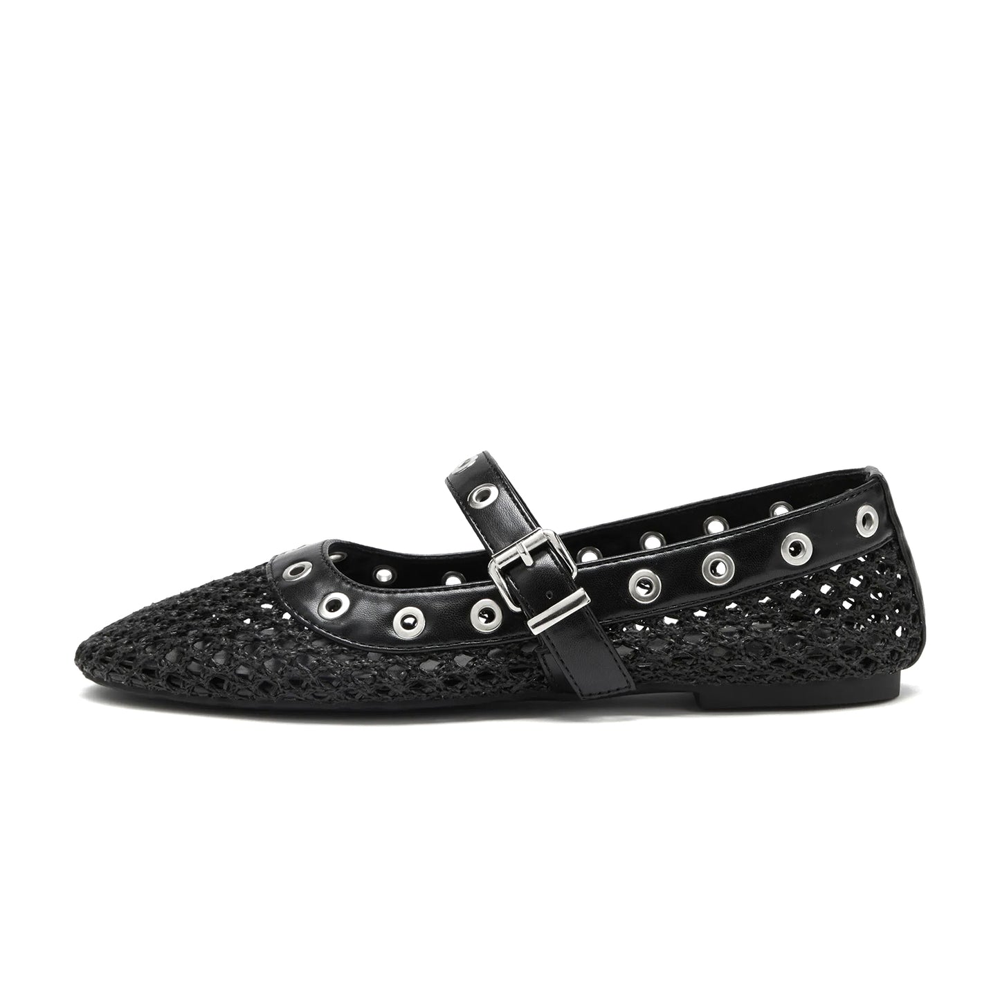Black Woven Mesh And Vegan Leather Round-Toe Eyelets Mary Jane Flats