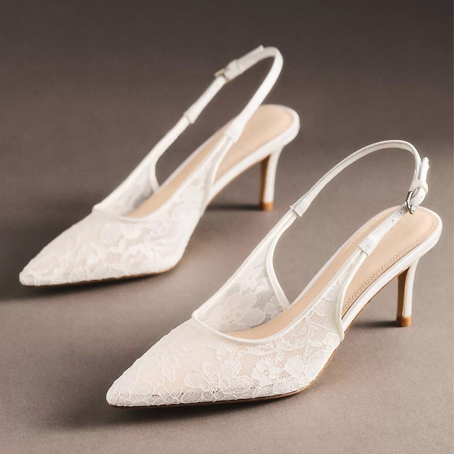 White Lace Mesh Pointed-Toe Buckle Back Strap Kitten Heels