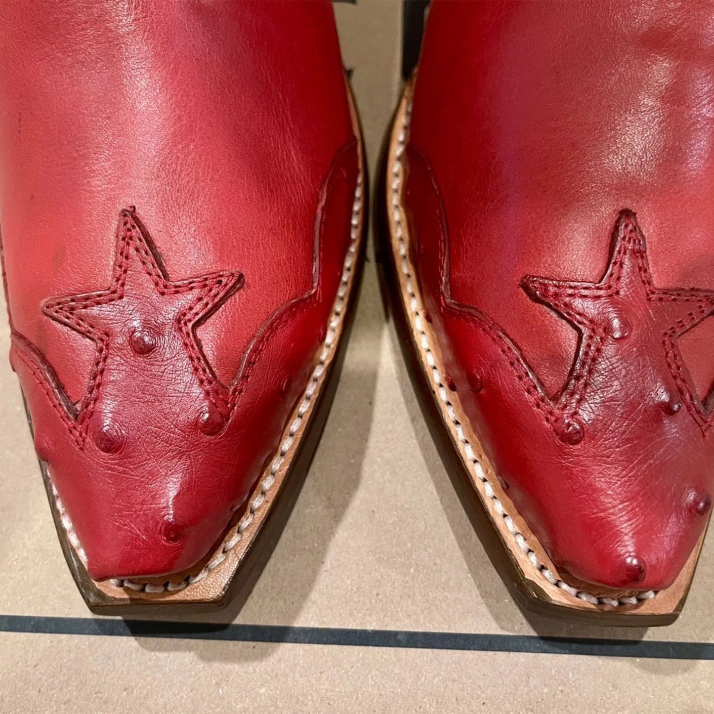 Red Vegan Leather And Ostrich Pattern Snip-Toe Embroidery And Inlay Mid Calf Cowgirl Boots