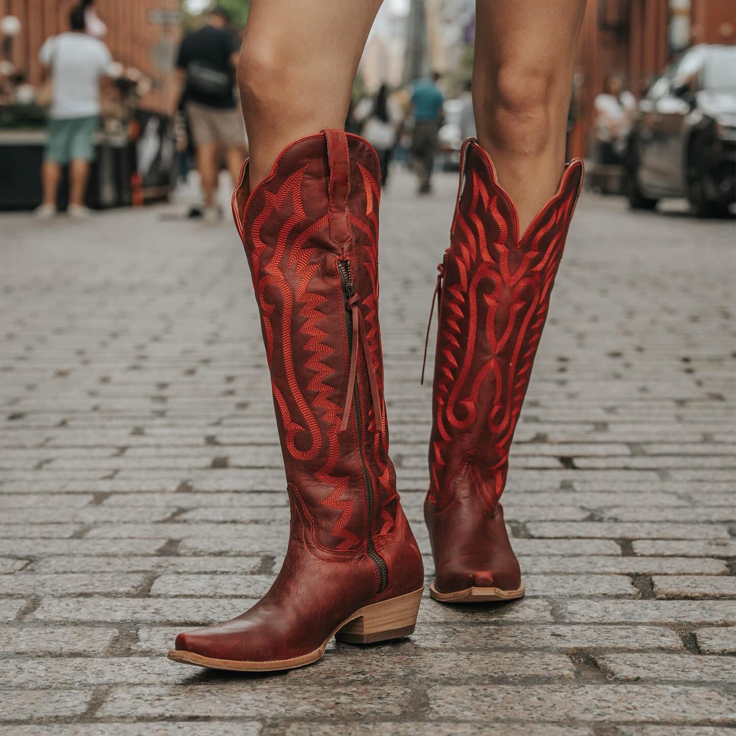 Red Snip-Toe Grace Embroidery Half-Zip Knee High Cowgirl Boots