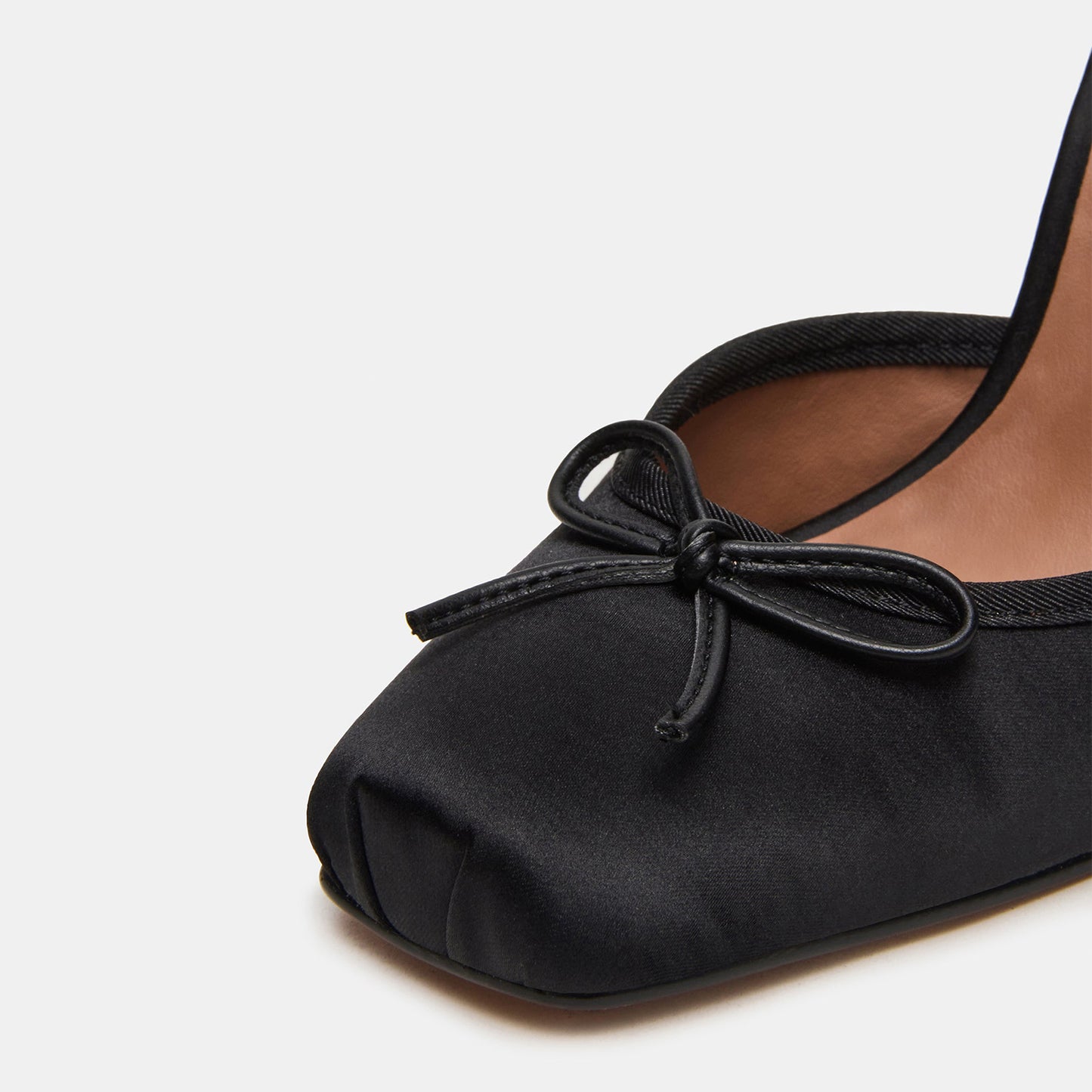 Black Satin Square-Toe Front Bow Ankle Strap Slip-On High Heels