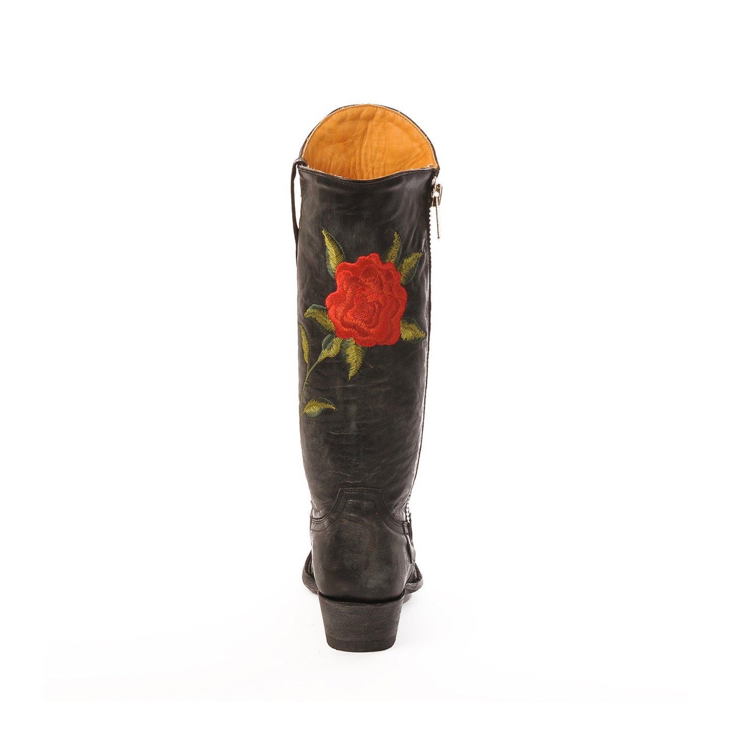 Black Snip-Toe Big Red Florals Embroidery Full-Zip Mid Calf Classic Cowgirl Boots