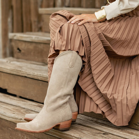 Taupe Faux Suede Snip-Toe Classic Simple Mid Calf Cowgirl Boots