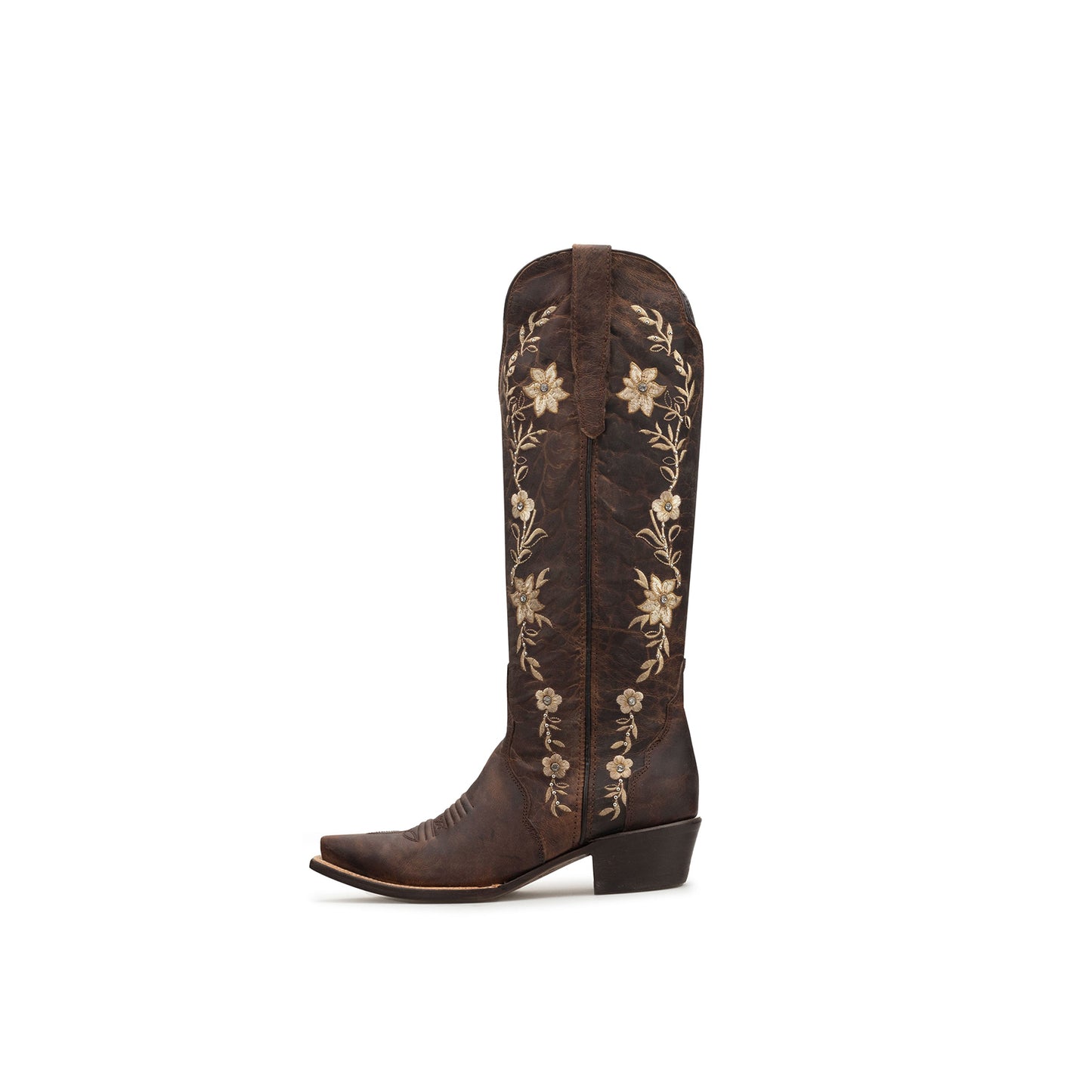 Distressed Coffee Snip-Toe Flower Embroidery Rhinestone Studs Wide Calf Knee High Cowgirl Boots