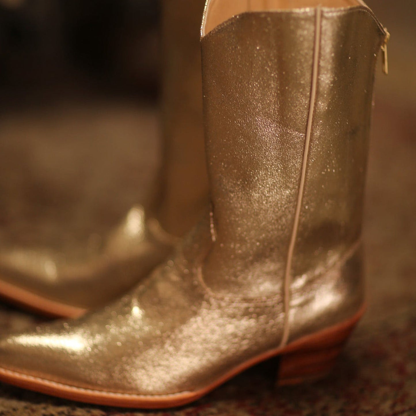 Metallic Gold Almond-Toe Simple Back Full-Zip Mid Calf Cowgirl Boots