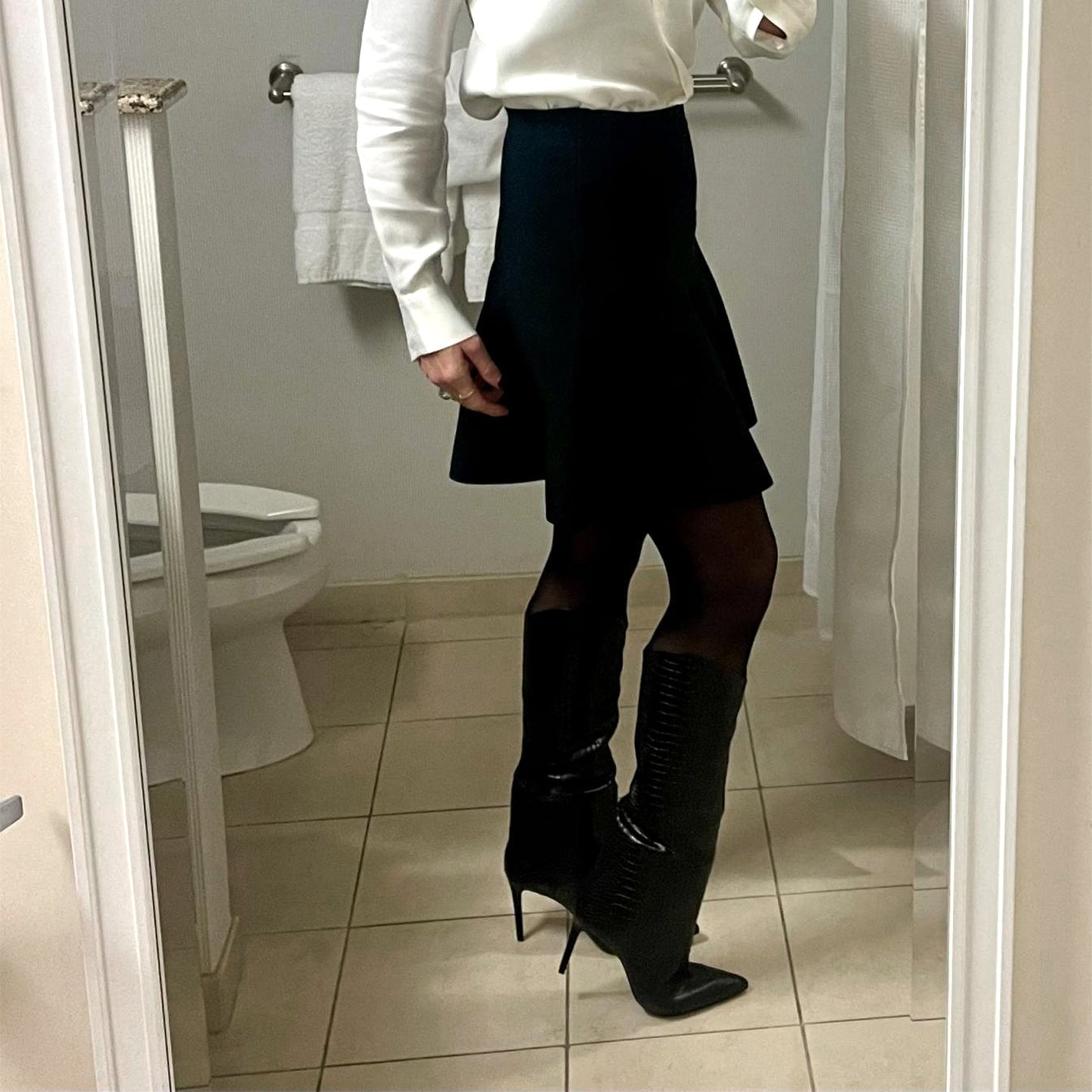 Black Crocodile Print Pointed-Toe Simple Wide Calf Knee High Stiletto Boots