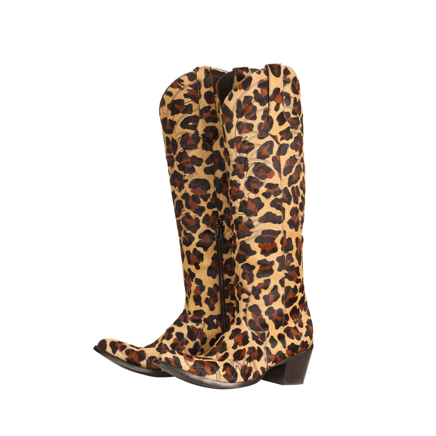 Leopard Pattern Almond-Toe Embroidery Half-Zip Knee High Cowgirl Boots
