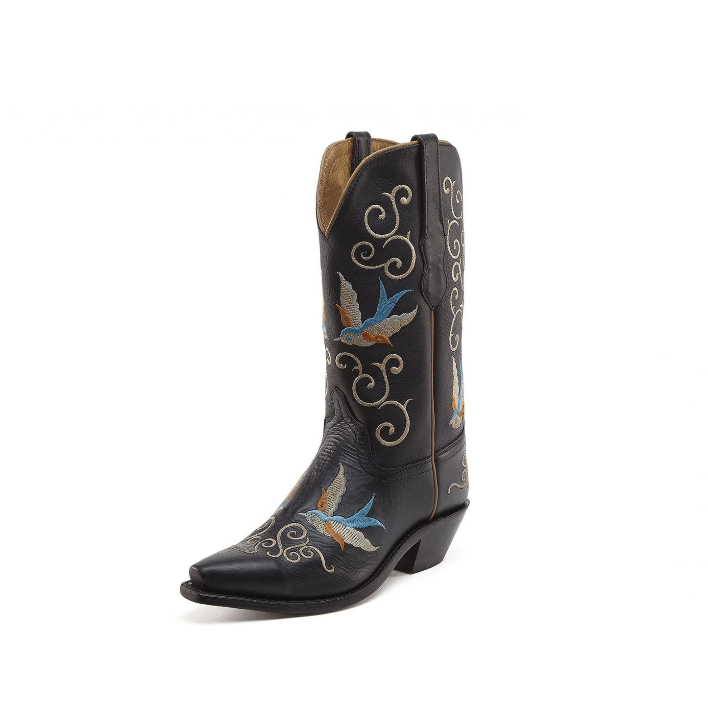 Black Snip-Toe Swallow Embroidery Mid Calf Cowgirl Boots