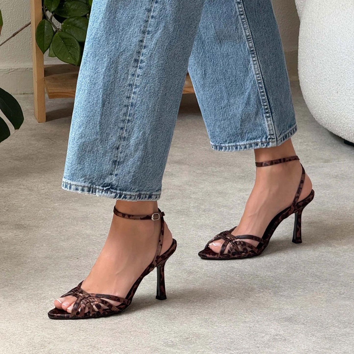 Leopard Satin Pointed-Toe Strappy Back And Ankle Strap High Heels
