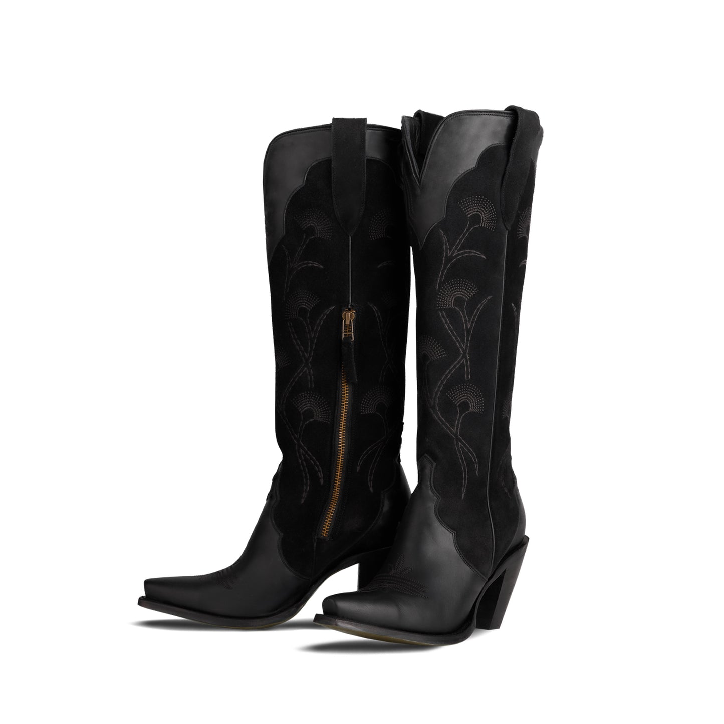 Black Contrast Faux Suede And Vegan Leather Snip-Toe Floral Embroidery Half-Zip Knee High Cowgirl Boots