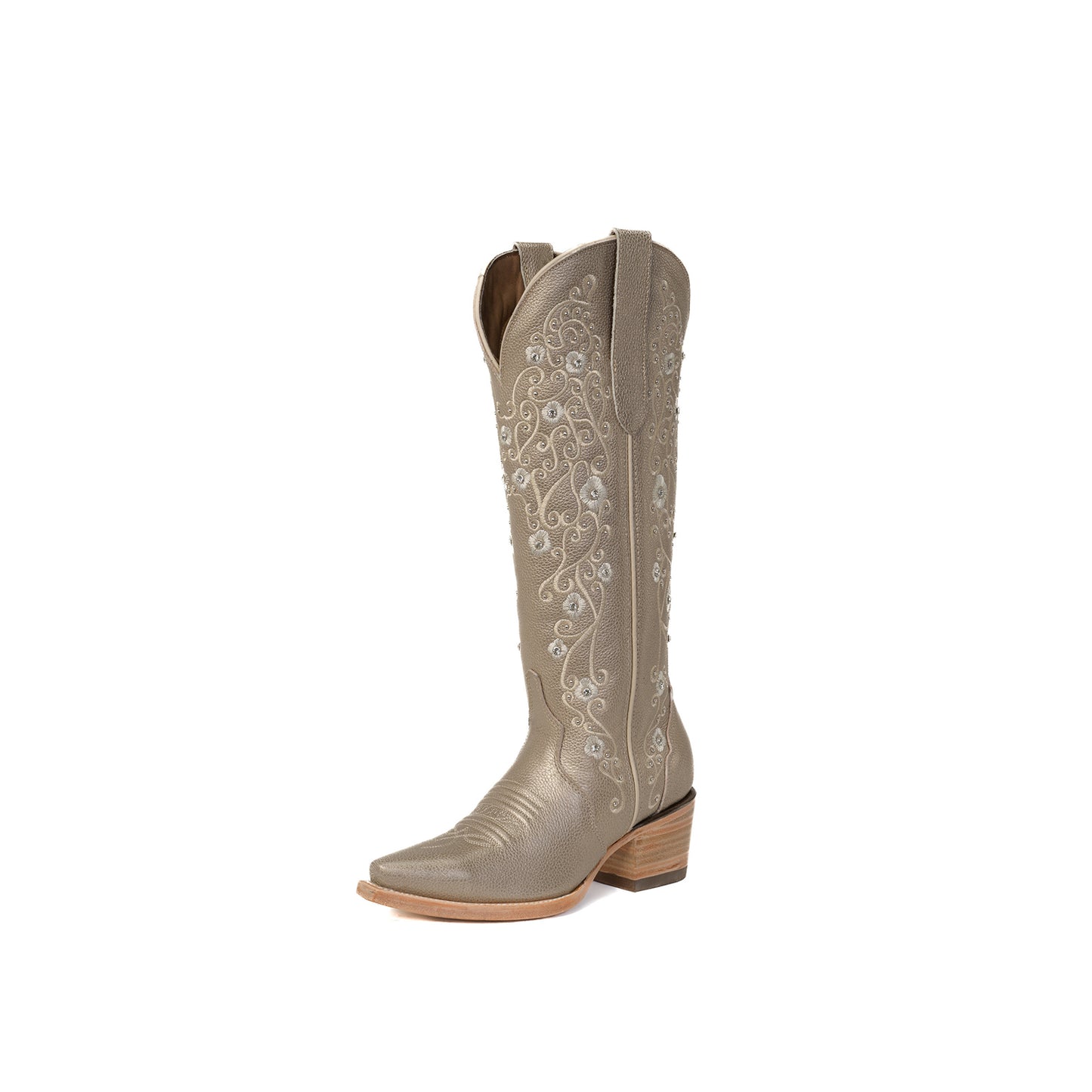 Metallic Khaki Snip-Toe Flower Embroidery Rhinestone Studs Wide Calf Knee High Cowgirl Boots