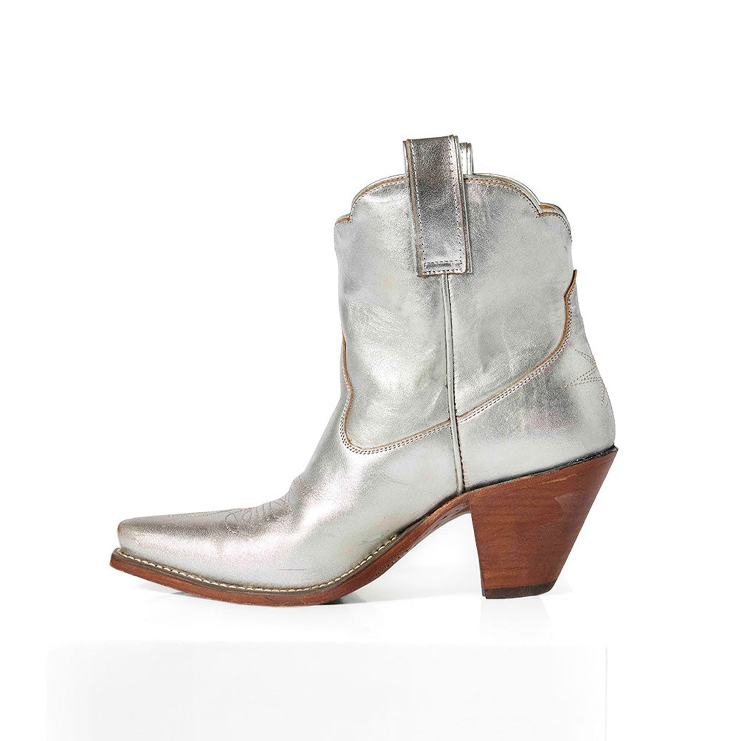 Metallic Silver Snip-Toe Embroidery Metallic Gold Heart Inlay Ankle Cowgirl Boots