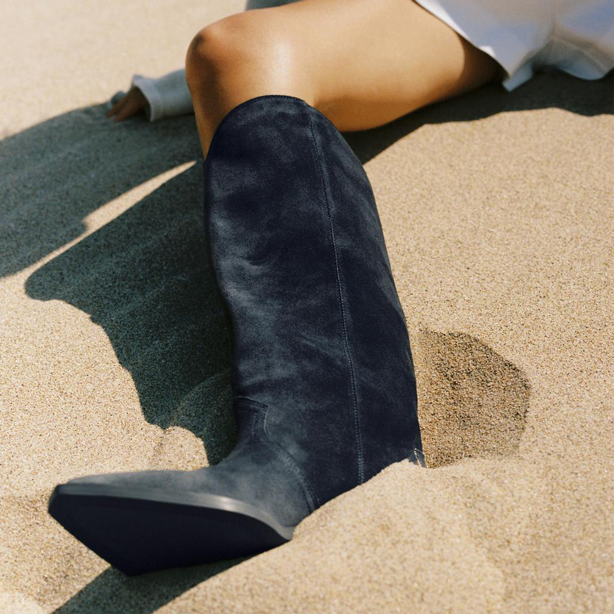 Dark Blue Faux Suede Pointed-Toe Simple And Sleek Knee High Cowgirl Boots