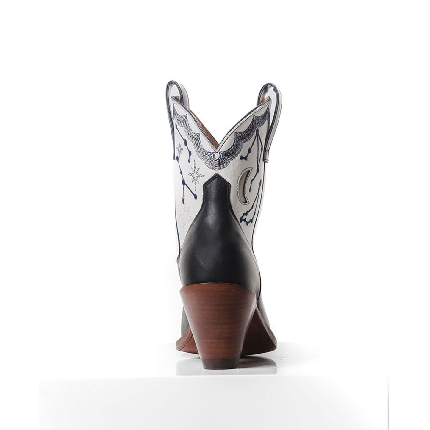 Contrast Black And White Snip-Toe Constellation Embroidery Moon Inlay Ankle Cowgirl Boots