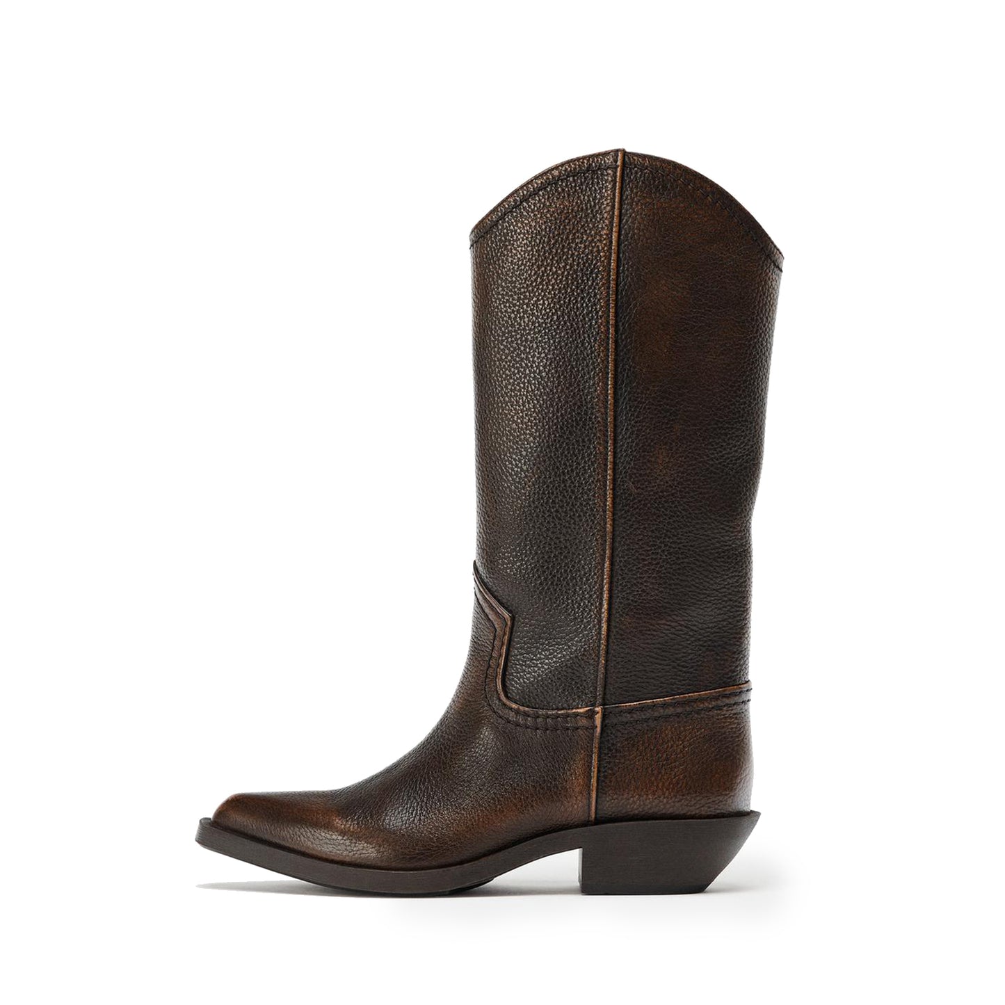 Distressed Brown Snip-Toe Simple Slip-On Mid Calf Cowgirl Boots