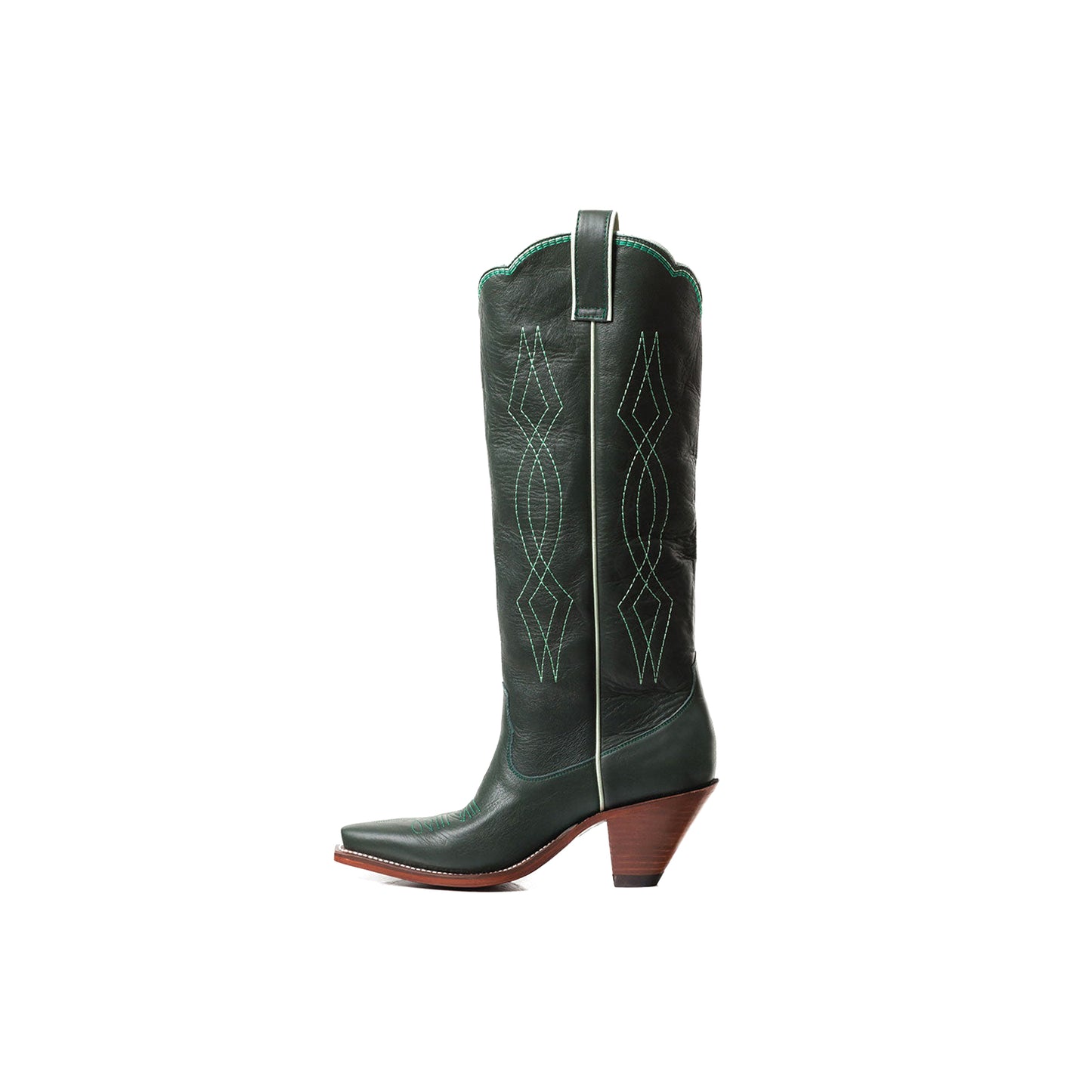 Dark Green Snip-Toe Tulip Inlay Embroidery Wide Calf Knee High Cowgirl Boots