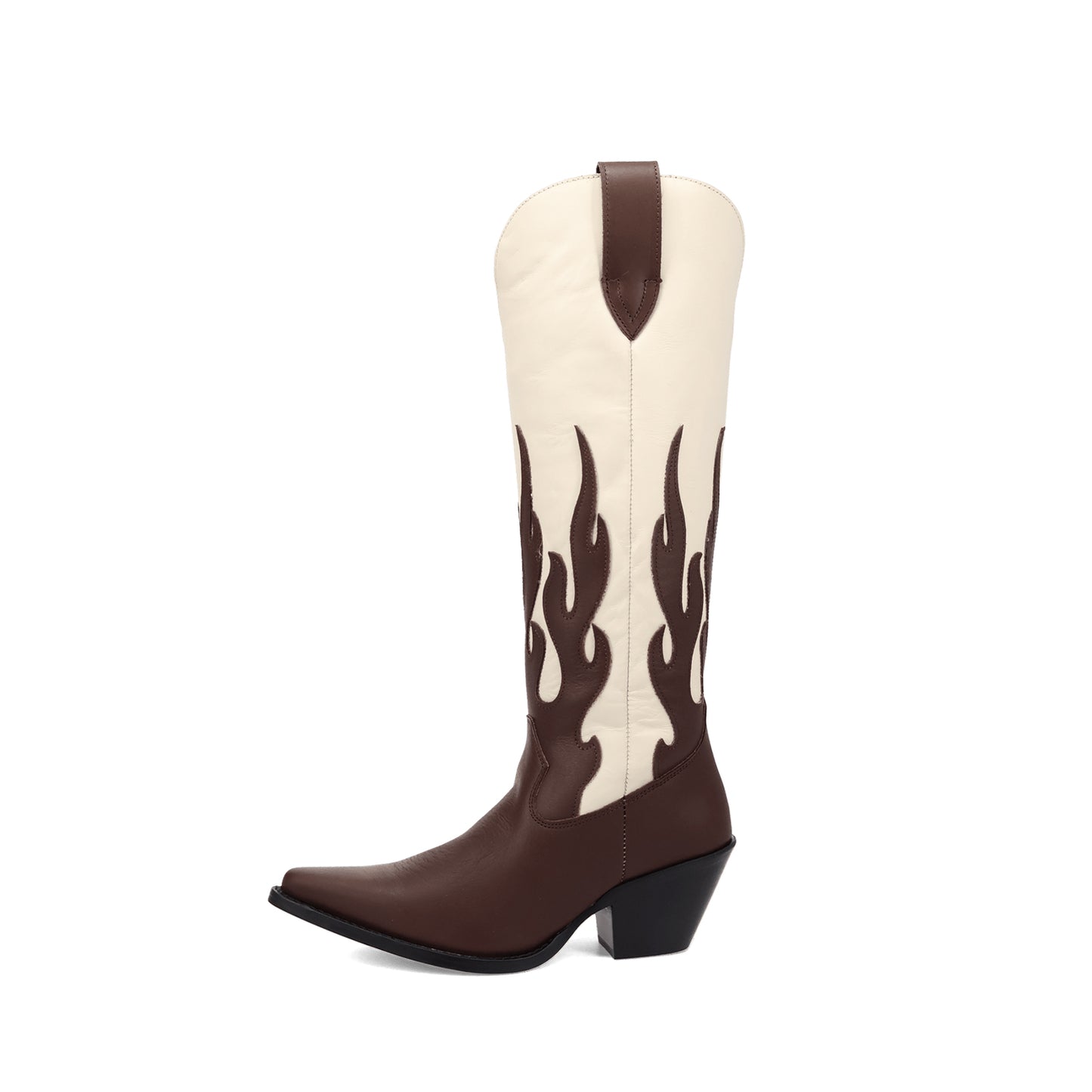 Contrast Brown And Ivory Pointed-Toe Flame Appliques Wide Calf Knee High Cowgirl Boots