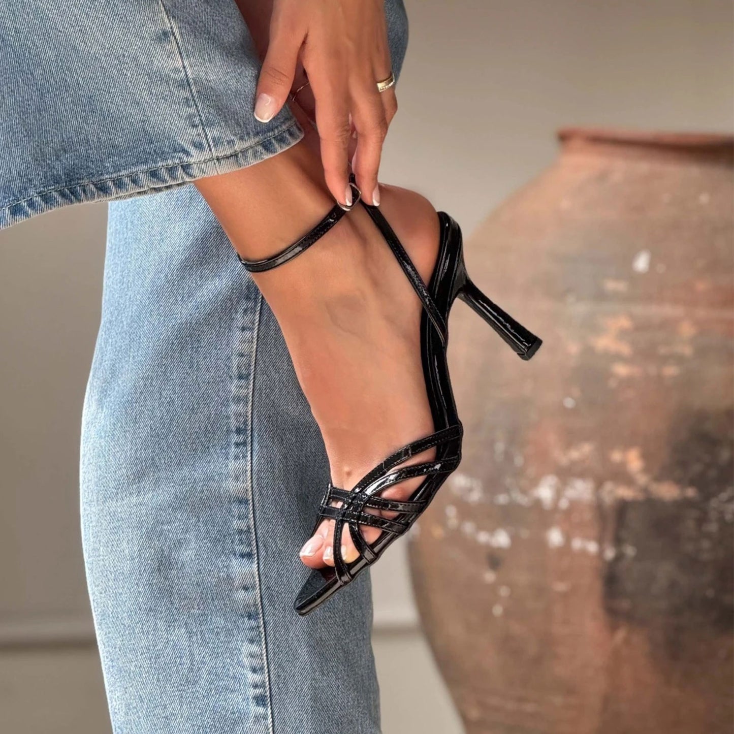 Patent Black Pointed-Toe Strappy Back And Ankle Strap High Heels
