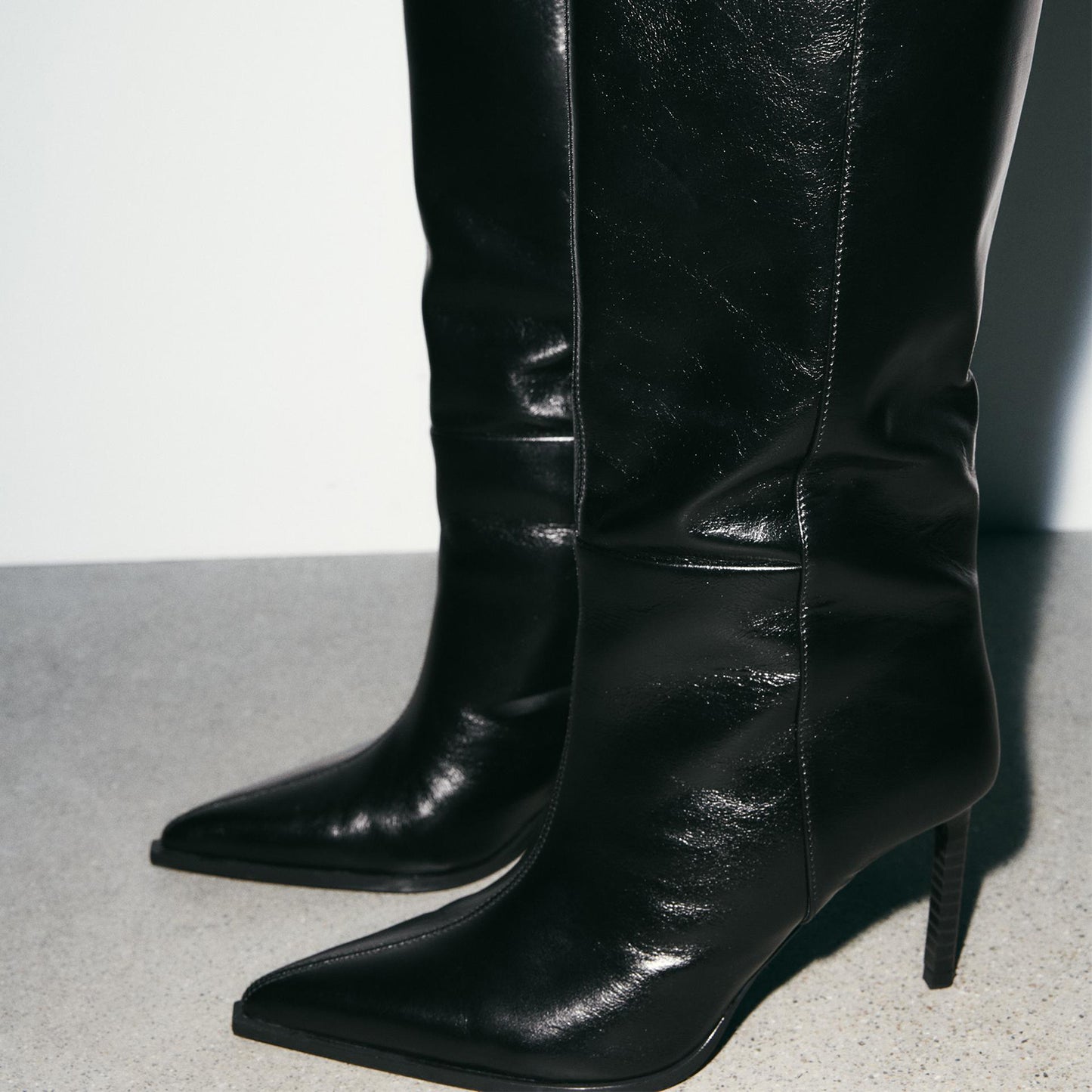 Black Pointed-Toe Simple Wide Calf Chic Knee High Stiletto Boots
