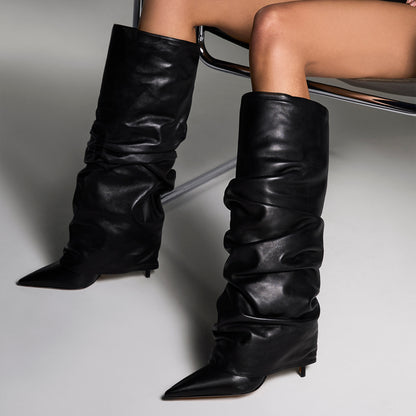 Black Pointed-Toe Tall Fold-Over Wide Calf Knee High Stiletto Boots