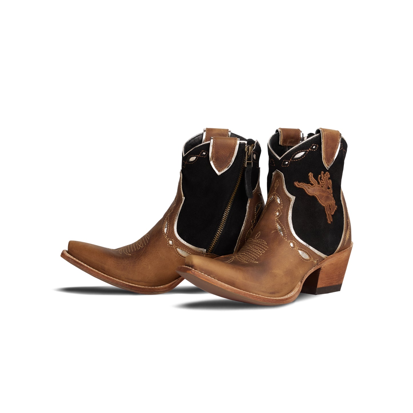 Contrast Brown And Black Faux Suede Snip-Toe Horse Embroidery Full-Zip Ankle Cowgirl Boots