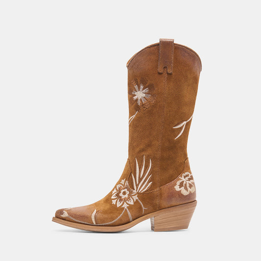 Tan Faux Suede Almond-Toe Stylish Floral Embroidery Half-Zip Mid Calf Cowgirl Boots