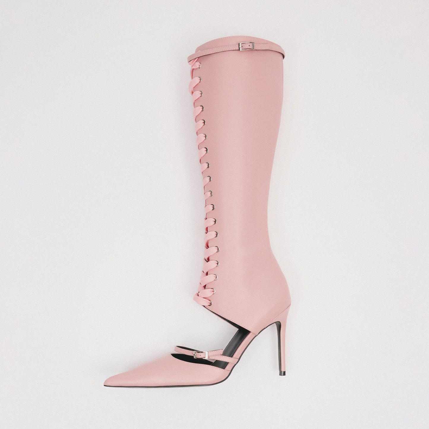 Pink Pointed-Toe Front Lace-Up Full-Zip Knee High Stiletto Boots