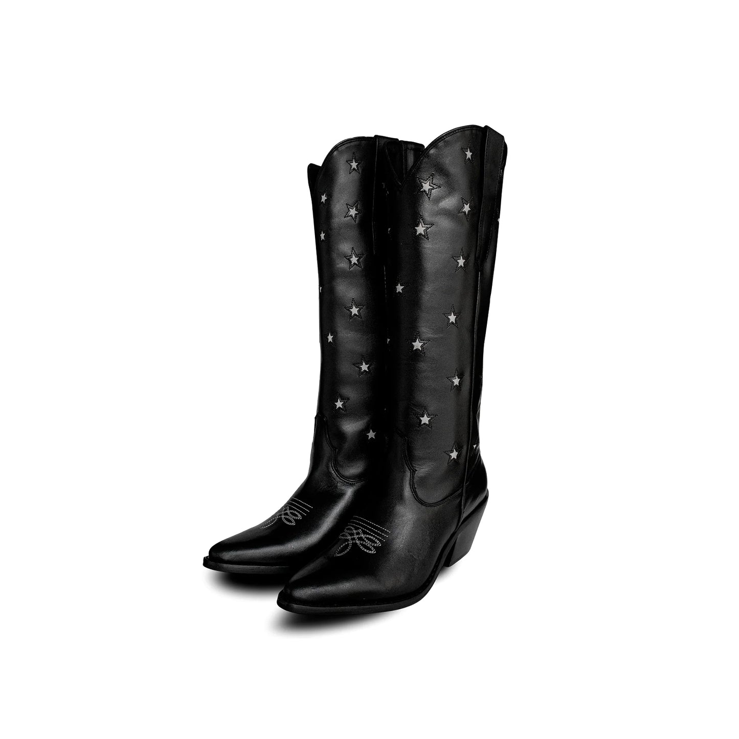 Black Snip-Toe Stars Inlay Wide Calf Knee High Cowgirl Boots