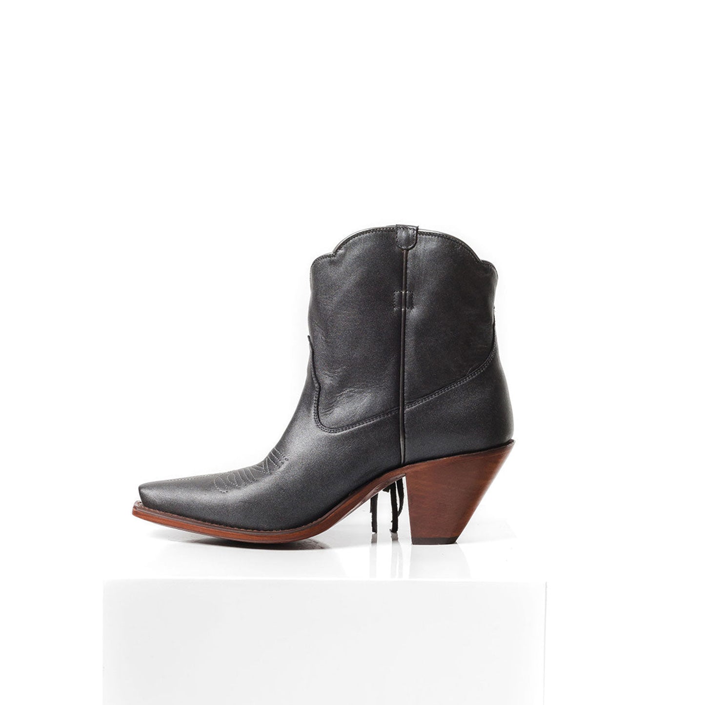 Black Snip-Toe Side Fringe Ankle Cowgirl Boots