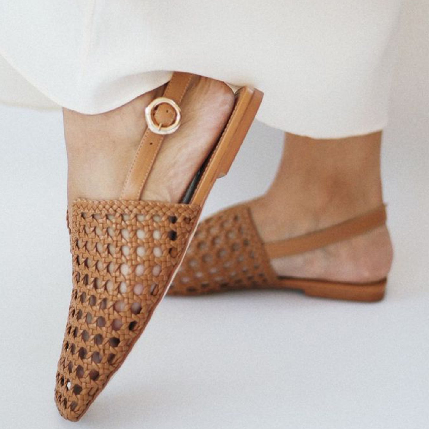 Ochre Woven Vegan Leather Square-Toe Buckle Slingback Flats