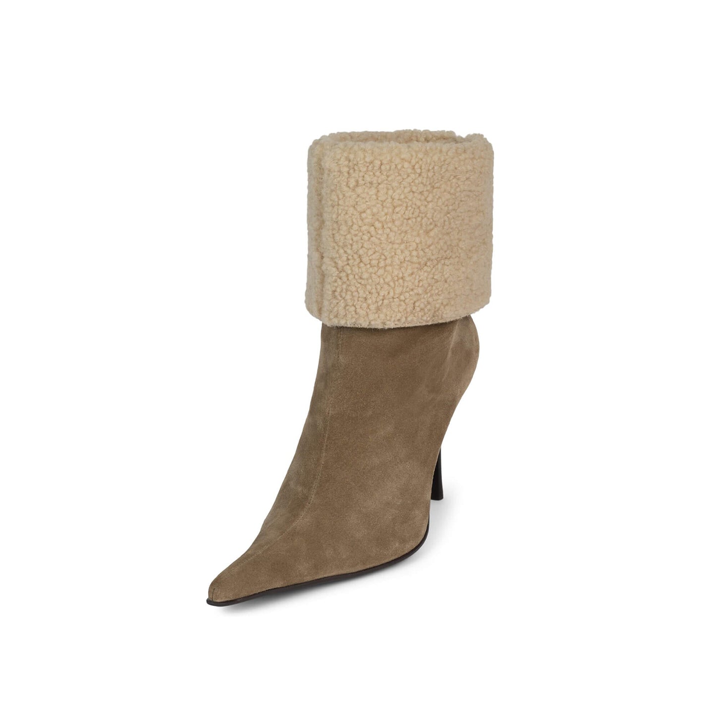 Camel Faux Suede And Plush Pointed-Toe Full-Zip Ankle Stiletto Boots