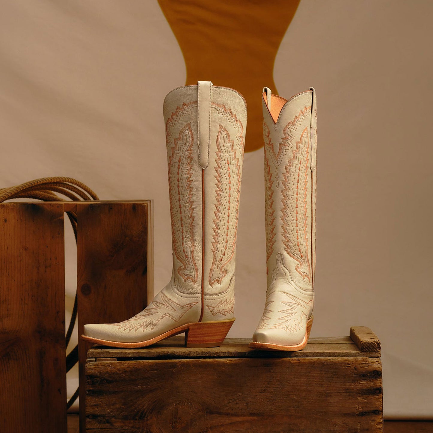 Bone Snip-Toe Western Embroidery Wide Calf Chic Knee High Cowgirl Boots