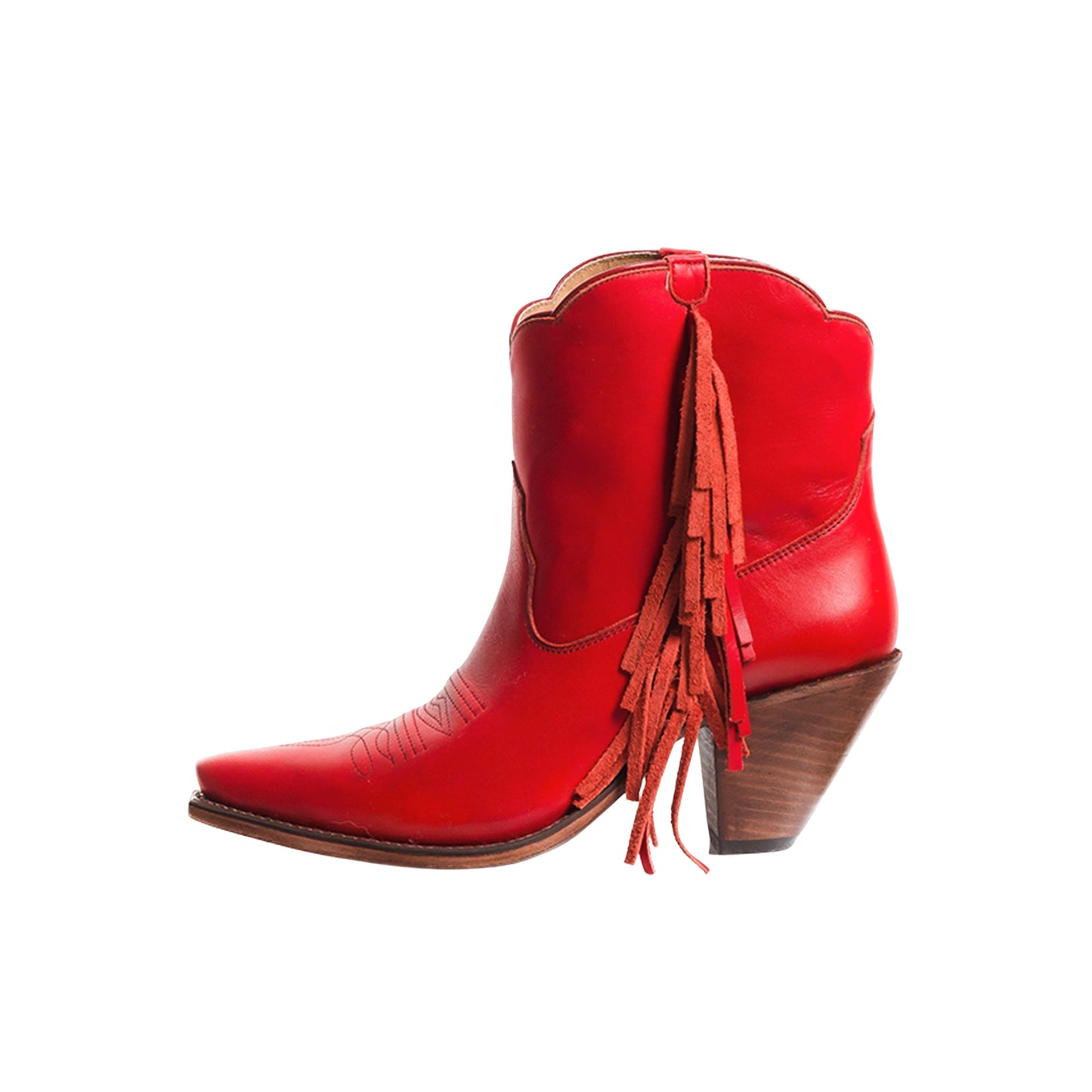 Red Snip-Toe Side Fringe Ankle Cowgirl Boots