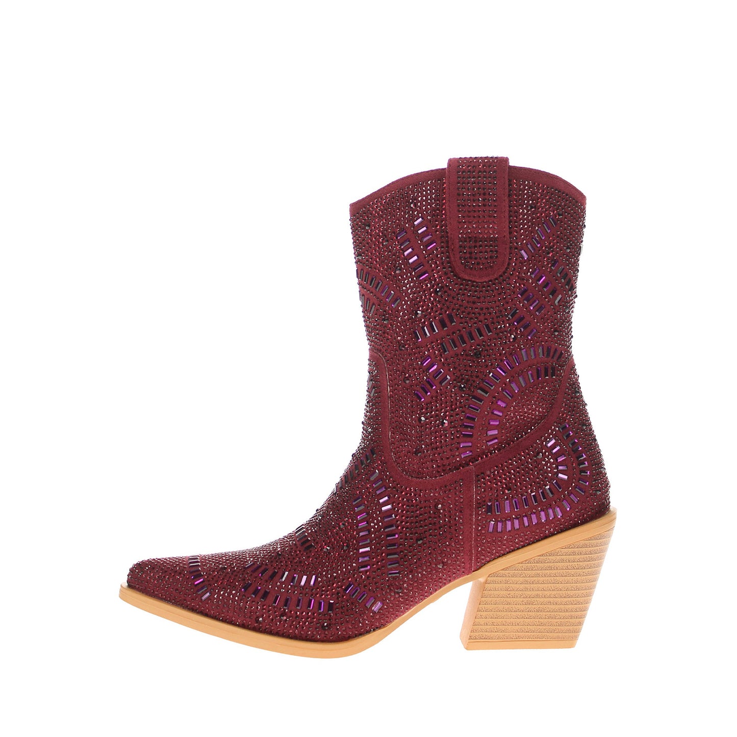 Maroon Faux Suede Pointed-Toe Full Crystals Full-Zip Ankle Cowgirl Boots