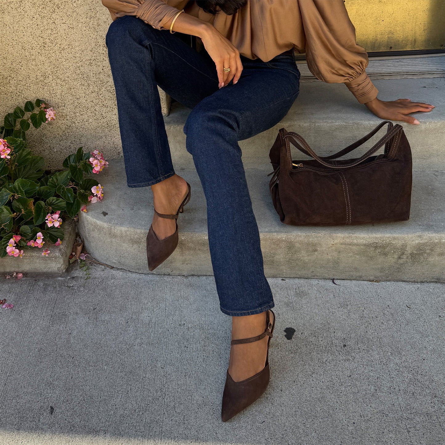 Brown Faux Suede Pointed-Toe S-Shaped Strap High Heels