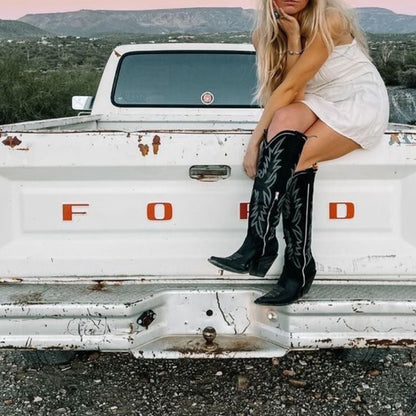 Dark Green Pointed-Toe Half-Zip Embroidery Knee High Cowgirl Boots