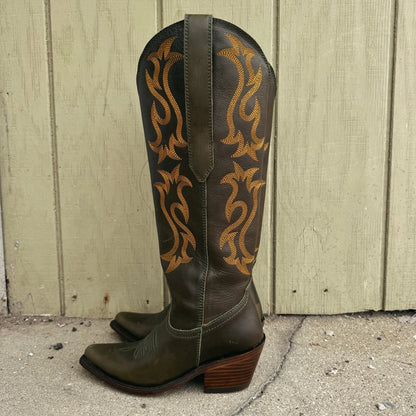 Olive Green Pointed-Toe Embroidery Full-Zip Knee High Cowgirl Boots