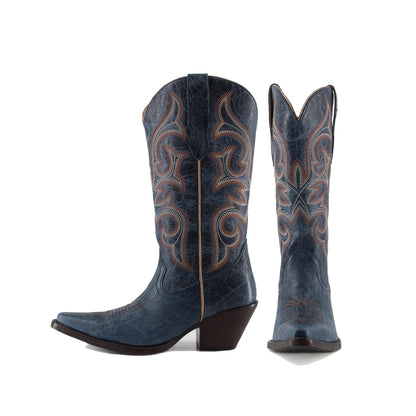Distressed Dark Blue Snip-Toe Mid Calf Embroidery Cowgirl Boots