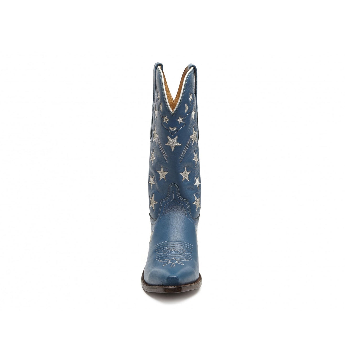 Blue Snip-Toe Stars And Moons Embroidery Mid Calf Cowgirl Boots