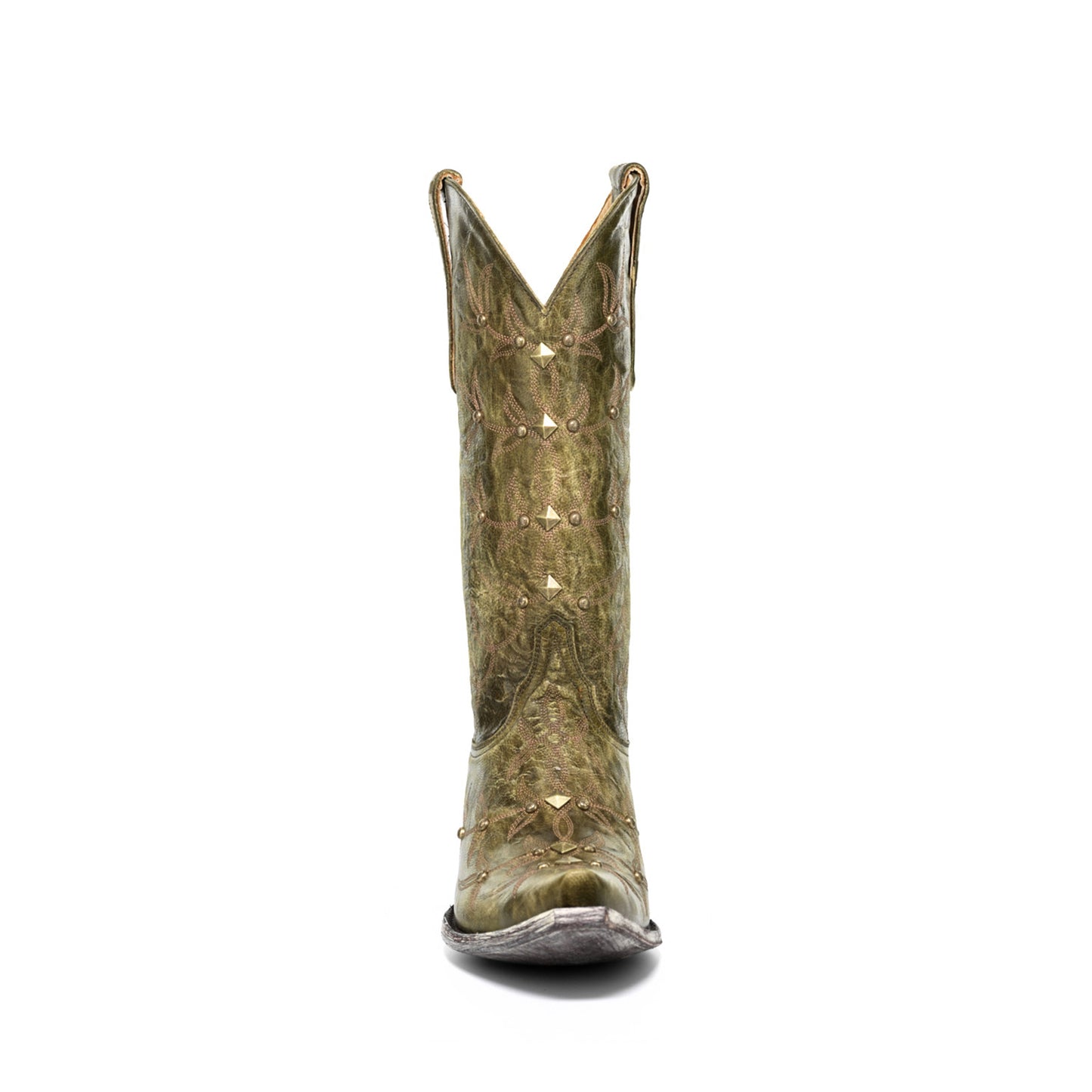 Green Snip-Toe Studs And Embroidery Mid Calf Chic Cowgirl Boots