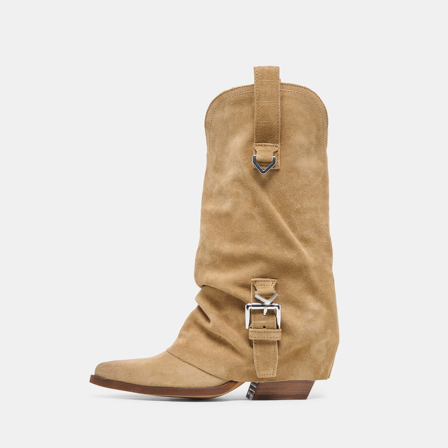 Camel Faux Suede Almond-Toe Buckle Strap Chic Mid Calf Cowgirl Boots